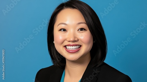 Professional woman smiling with confidence against a blue backdrop