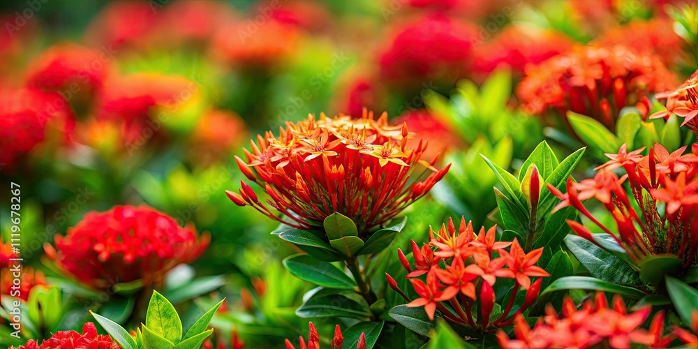 Tilt-Shift Photography: Vibrant Red Ixora & Jasmine Garden Blooms Tilt-Shift Photography: Vibrant Red Ixora & Jasmine Garden Blooms