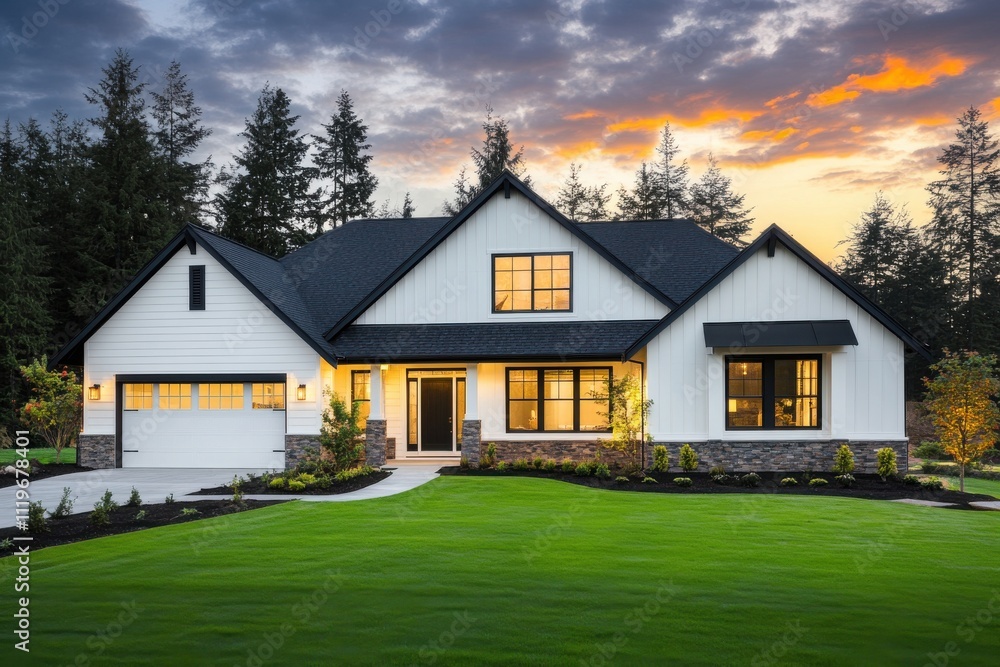 Obraz premium Modern farmhouse exterior dark gabled roof white siding large windows with warm lighting