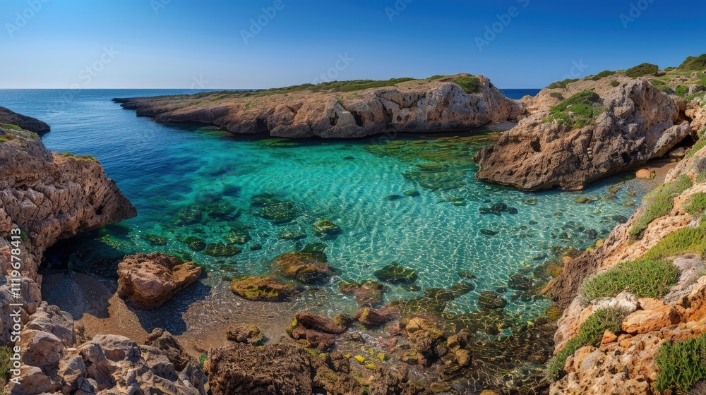 High-end photography of a hidden coastal cove with rugged cliffs, sandy shores, and crystal-clear waters High-end photography of a hidden coastal cove with rugged cliffs, sandy shores, and crystal-clear waters
