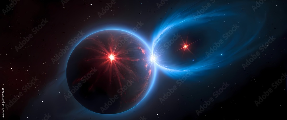 A binary star system illuminating a dark nebula with one star glowing hot blue and the other a cooler red A binary star system illuminating a dark nebula with one star glowing hot blue and the other a cooler red