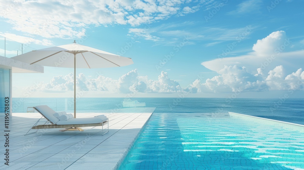 Fototapeta premium Luxury modern white beach hotel with swimming pool with Sea View, AI generated image