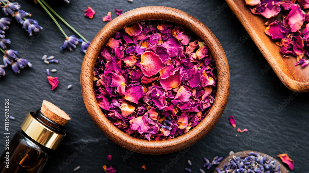 Flat lay of colorful dried flowers and herbs in wooden bowls. Flat lay of colorful dried flowers and herbs in wooden bowls.