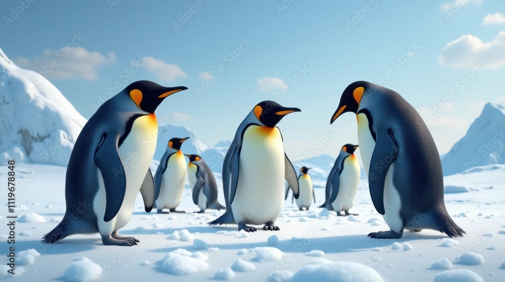 Fototapeta premium Penguins Snowball Fight in Icy Landscape