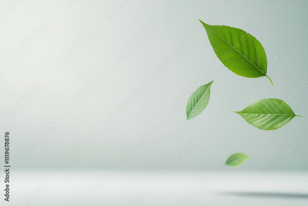 Floating green leaves representing freshness and nature in a minimalist setting Floating green leaves representing freshness and nature in a minimalist setting