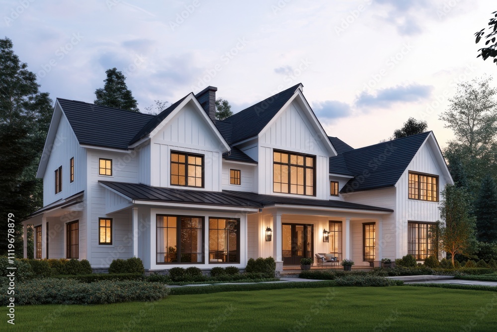 Obraz premium Modern farmhouse exterior twilight warm glowing windows