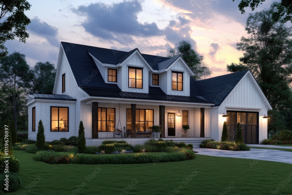 Modern farmhouse exterior twilight warm glowing windows Modern farmhouse exterior twilight warm glowing windows