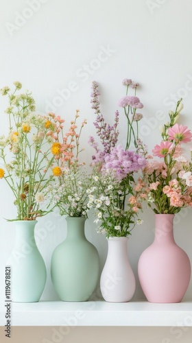 Wallpaper Mural Beautifully arranged vases filled with colorful fresh flowers on a minimalistic shelf Torontodigital.ca