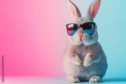 Stylish and Cool Gray Rabbit Wearing Sunglasses Against a Vibrant Pink and Blue Background, Perfect for Trendy Animal or Pet Themes in Stock Photography photo