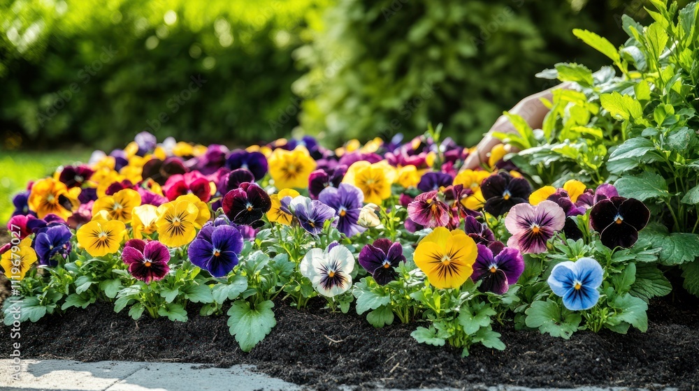 Fototapeta premium A vibrant flower bed featuring colorful pansies in a garden setting.