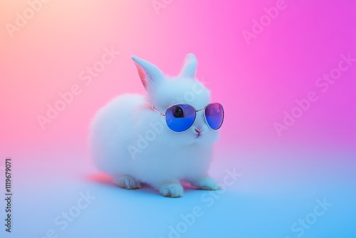 Adorable White Bunny Wearing Sunglasses Against a Colorful Gradient Background, Featuring Pink and Blue Hues, Perfect for Fun and Quirky Pet Photography