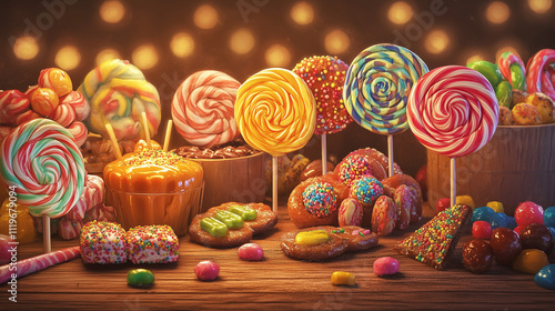 Vibrant Candyland Display with Lollipops, Sweets, and Colorful Desserts Illuminated by Warm Party Lights