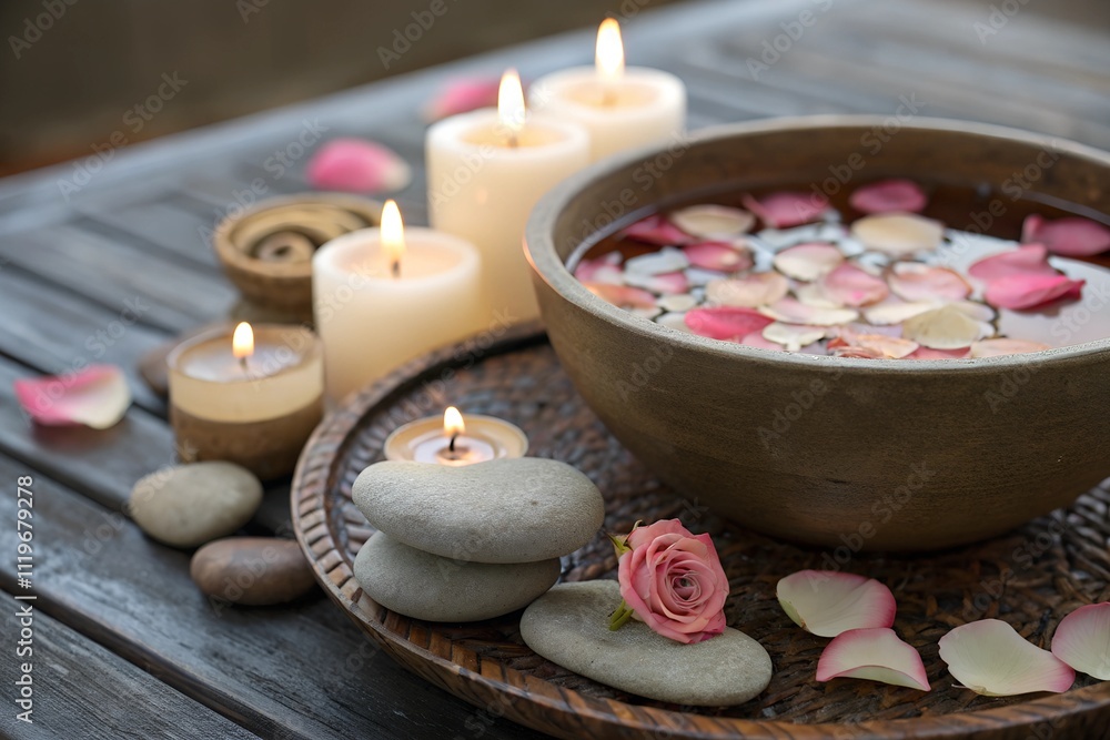 Zen composition with candles and rose petals set on wooden table Zen composition with candles and rose petals set on wooden table
