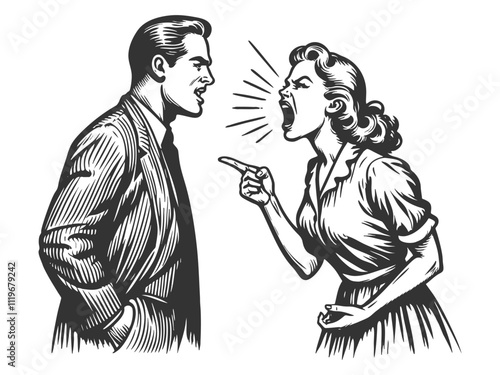 man and woman in a heated argument, drawn in a classic engraving style sketch engraving generative ai fictional character vector illustration. Scratch board imitation. Black and white image.