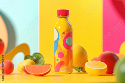 Vibrant and colorful juice bottle mockup displayed with various fruits on a multicolored background, creating a refreshing and appealing scene