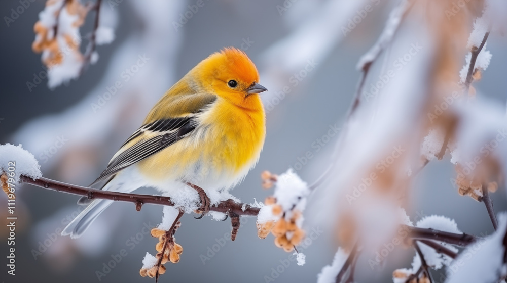 Robin Bird Erithacus rubecula on a snowy branch in winter Robin Bird Erithacus rubecula on a snowy branch in winter