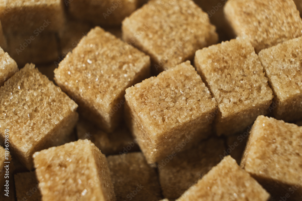 Macro cubes of brown cane unrefined demerara sugar. Macro cubes of brown cane unrefined demerara sugar.
