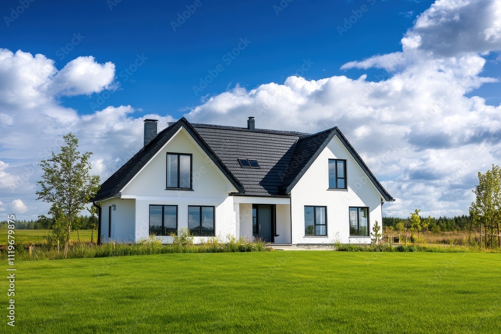 Modern farmhouse white exterior black roof large windows manicured lawn blue sky Modern farmhouse white exterior black roof large windows manicured lawn blue sky