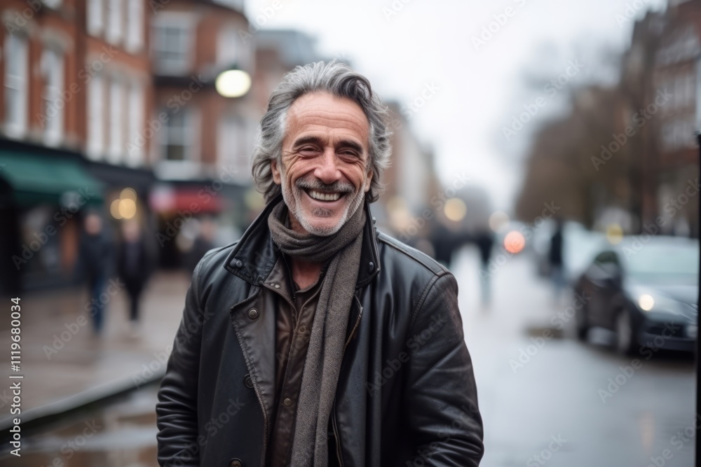 Portrait of a handsome senior man with grey hair and beard, wearing a black leather jacket, standing on a city street. Portrait of a handsome senior man with grey hair and beard, wearing a black leather jacket, standing on a city street.