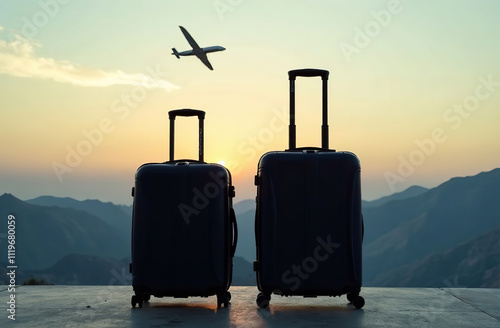 Two suitcases stand airport, plane taking off, wait departure. AI Generative