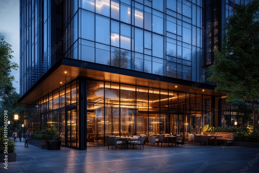 modern glass restaurant exterior warm lighting urban setting skyscrapers evening ambiance modern glass restaurant exterior warm lighting urban setting skyscrapers evening ambiance