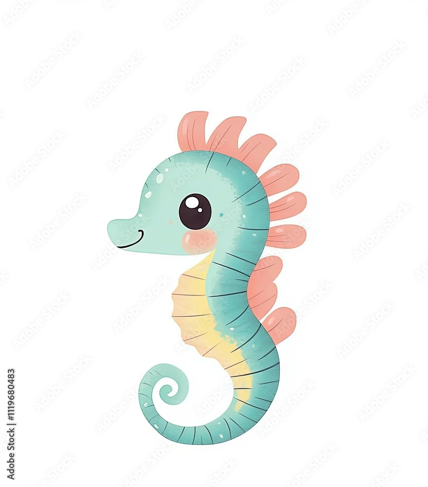 Fototapeta premium Cute seahorse illustration with bright colors and a cheerful expression in a whimsical style
