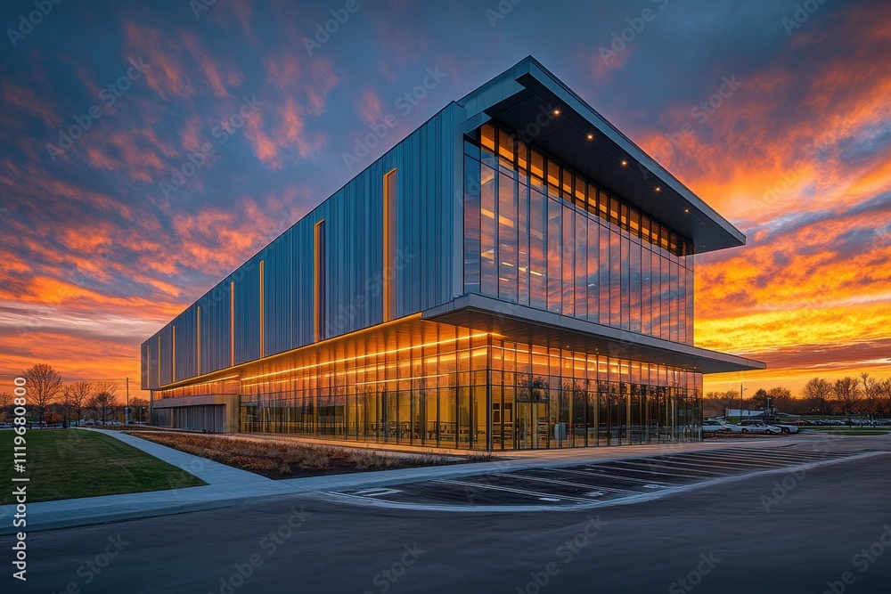 modern industrial warehouse large glass windows sleek metallic exterior dramatic sunset sky modern industrial warehouse large glass windows sleek metallic exterior dramatic sunset sky