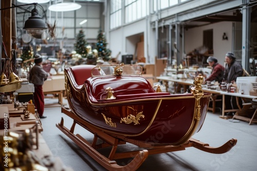 Inside a workshop, a luxurious red sleigh sits prominently; workers busily craft festive items, capturing the spirit of holiday preparation. photo