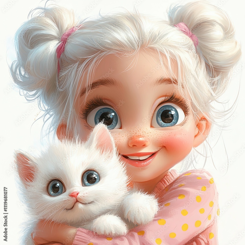 Young girl with light hair joyfully cuddling a fluffy white kitten at home in bright surroundings Young girl with light hair joyfully cuddling a fluffy white kitten at home in bright surroundings