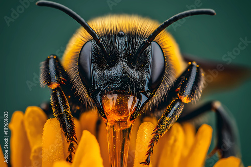 A close up of a bee with its head down and its mouth open photo