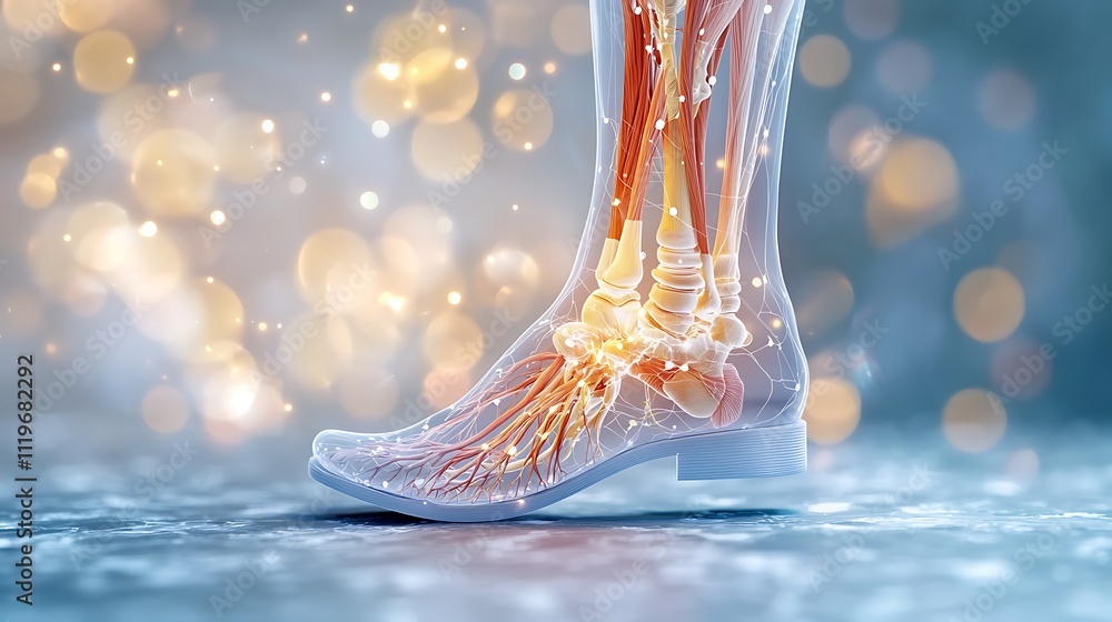 The detailed description showcases a vibrant and detailed 3D model unveiling the intricate anatomy of the ankle, highlighting the complex network of bones, ligaments, tendons The detailed description showcases a vibrant and detailed 3D model unveiling the intricate anatomy of the ankle, highlighting the complex network of bones, ligaments, tendons
