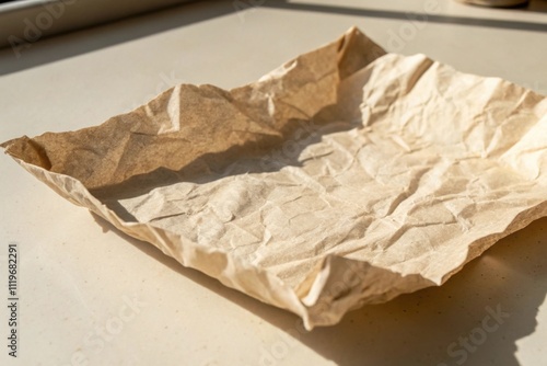 Crumpled recycled paper lying on a smooth surface in natural light photo