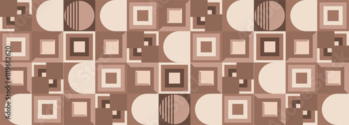 Wide abstract geometric background in mocha mousse color of the year 2025 palette. Brown vector illustration in retro 70s style.