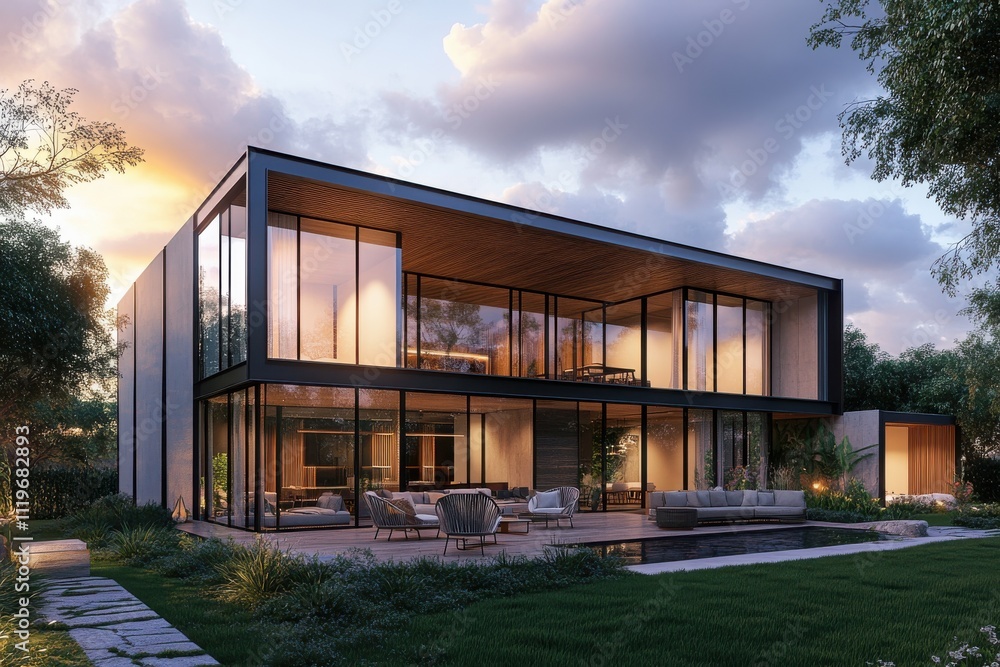 Modern luxury home expansive glass windows wood and metal exterior Modern luxury home expansive glass windows wood and metal exterior