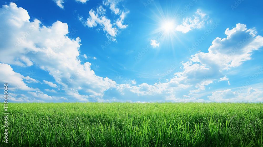 Peaceful green grassland and blue sky with scattered clouds near the horizon, photographed in high definition with a wide-angle lens and symmetrical composition Peaceful green grassland and blue sky with scattered clouds near the horizon, photographed in high definition with a wide-angle lens and symmetrical composition