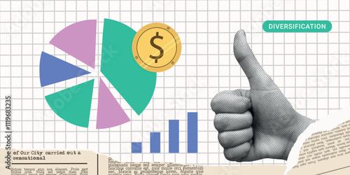Contemporary Halftone Collage Hand for investments concept, marketing, trading. Online Stock banner with finance elements, coins, money. Vertical invest or business poster. Vector illustration.