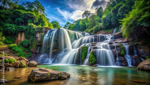 Tat Yai Waterfall Amnat Charoen Thailand, Stunning Nature Photography, Majestic Rock Formation, Rule of Thirds Composition
