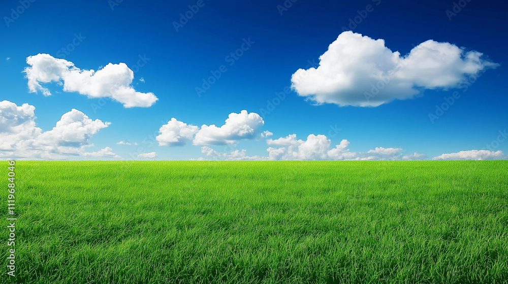 Obraz premium Peaceful green grassland and blue sky with scattered clouds near the horizon, photographed in high definition with a wide-angle lens and symmetrical composition