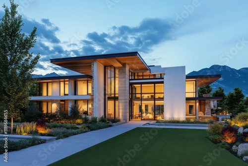 Modern luxury villa minimalist architecture large glass windows wood accents white exterior