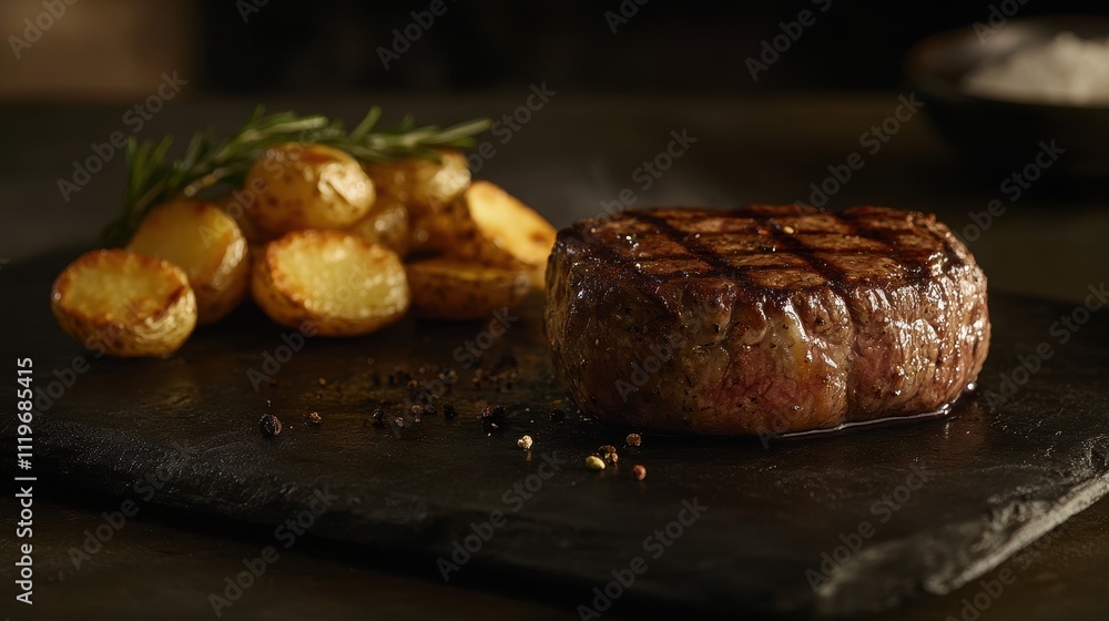 A beautifully plated steak with roasted potatoes on a dark surface, showcasing gourmet cuisine. A beautifully plated steak with roasted potatoes on a dark surface, showcasing gourmet cuisine.