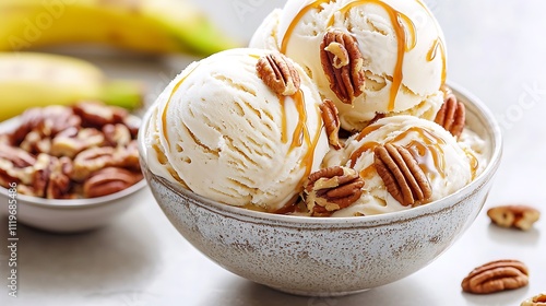 A delightful combination of rich, creamy vanilla ice cream swirled with sweet caramel sauce, caramelized bananas, and crunchy pecans photo