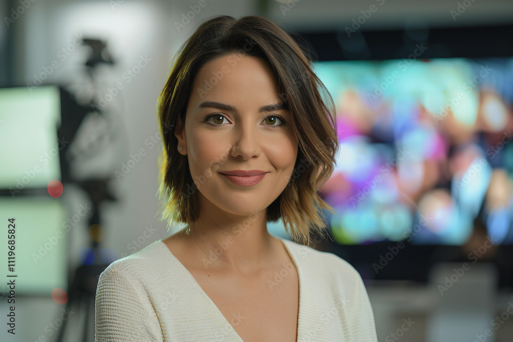 Generative AI Image of Female Television Host Conducting Live Interview in Studio Generative AI Image of Female Television Host Conducting Live Interview in Studio