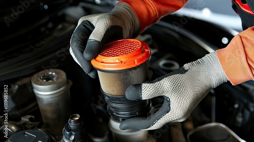 Mechanic hands holding dirty fuel filter.