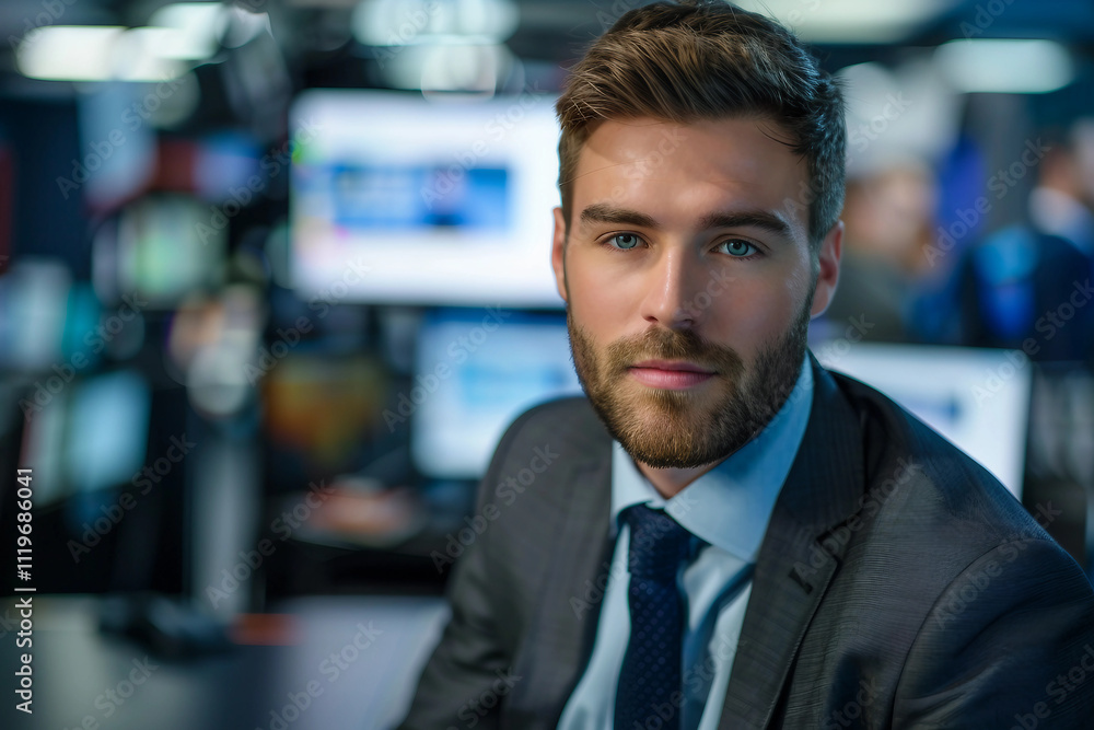 Generative AI Image of Male TV Host Conducting Live Broadcast in News Studio Generative AI Image of Male TV Host Conducting Live Broadcast in News Studio