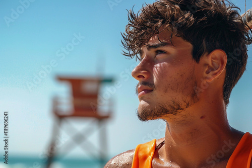 Generative AI Image of Lifeguard on Duty with Lifebuoy on Ocean Beach photo