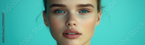 Close-up portrait of a woman against a vibrant blue background showcasing natural beauty and captivating eyes