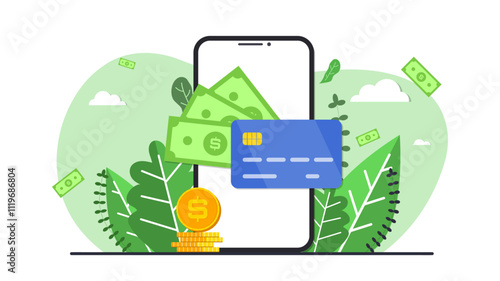 Money with phone. Buying concept background webpage template. Design for wallpaper, web, background, banner. Flat cartoon design.