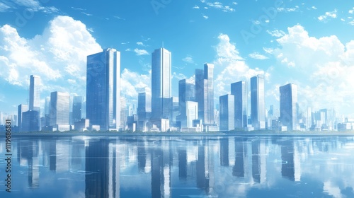 Modern city skyline reflecting in calm water under a bright blue sky with fluffy clouds