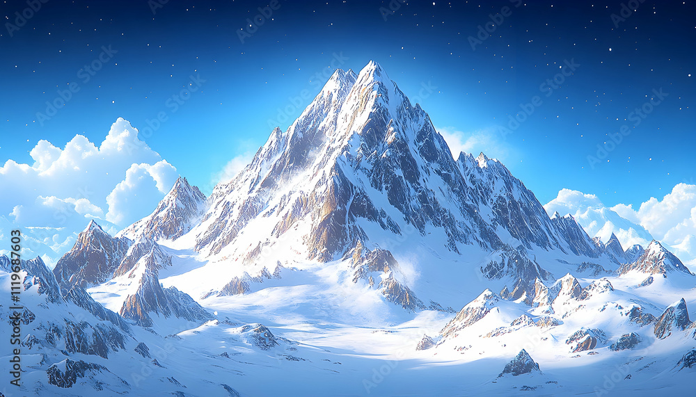 Majestic snow-capped mountain peak under a twilight sky. Majestic snow-capped mountain peak under a twilight sky.