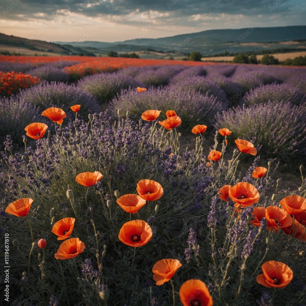 Obraz premium A European countryside filled with poppies and lavender.